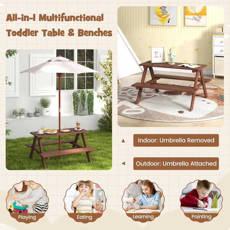Olakids Kids Picnic Table, Outdoor Toddler Wooden Table and Chair Set with Removable Umbrella, Children Activity Furniture Bench Set for Patio Garden Backyard - Image 3